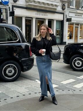 Mango Denim Maxi Skirt High Waist Front Slit Raw Hem Blue Size S